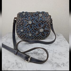 Patricia Nash Blue and Brown Floral Crossbody Bag